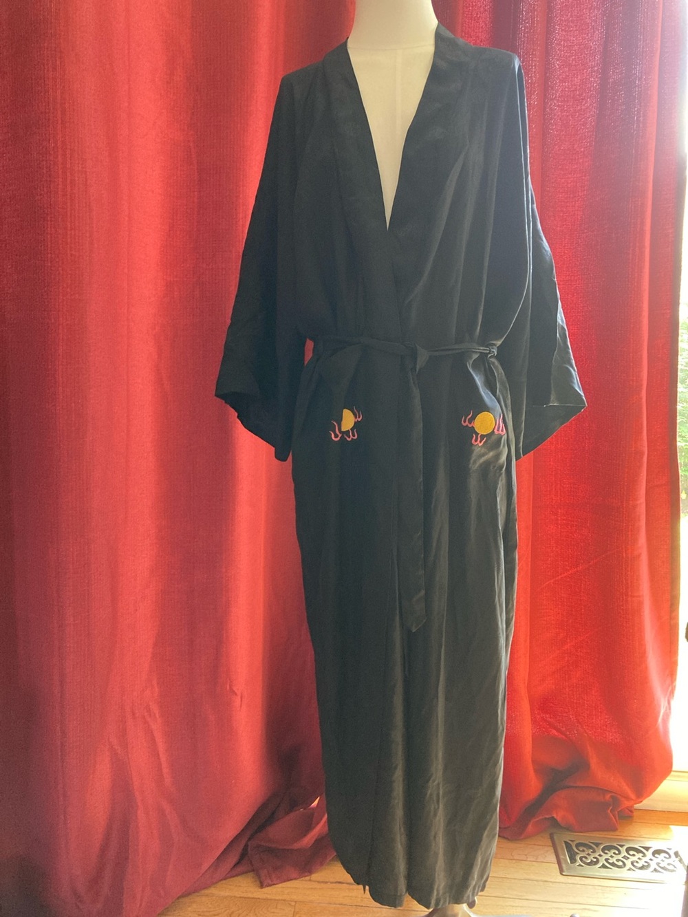 Black Long Silk Asian Robe with Yellow Embroidered Dragon 🐉